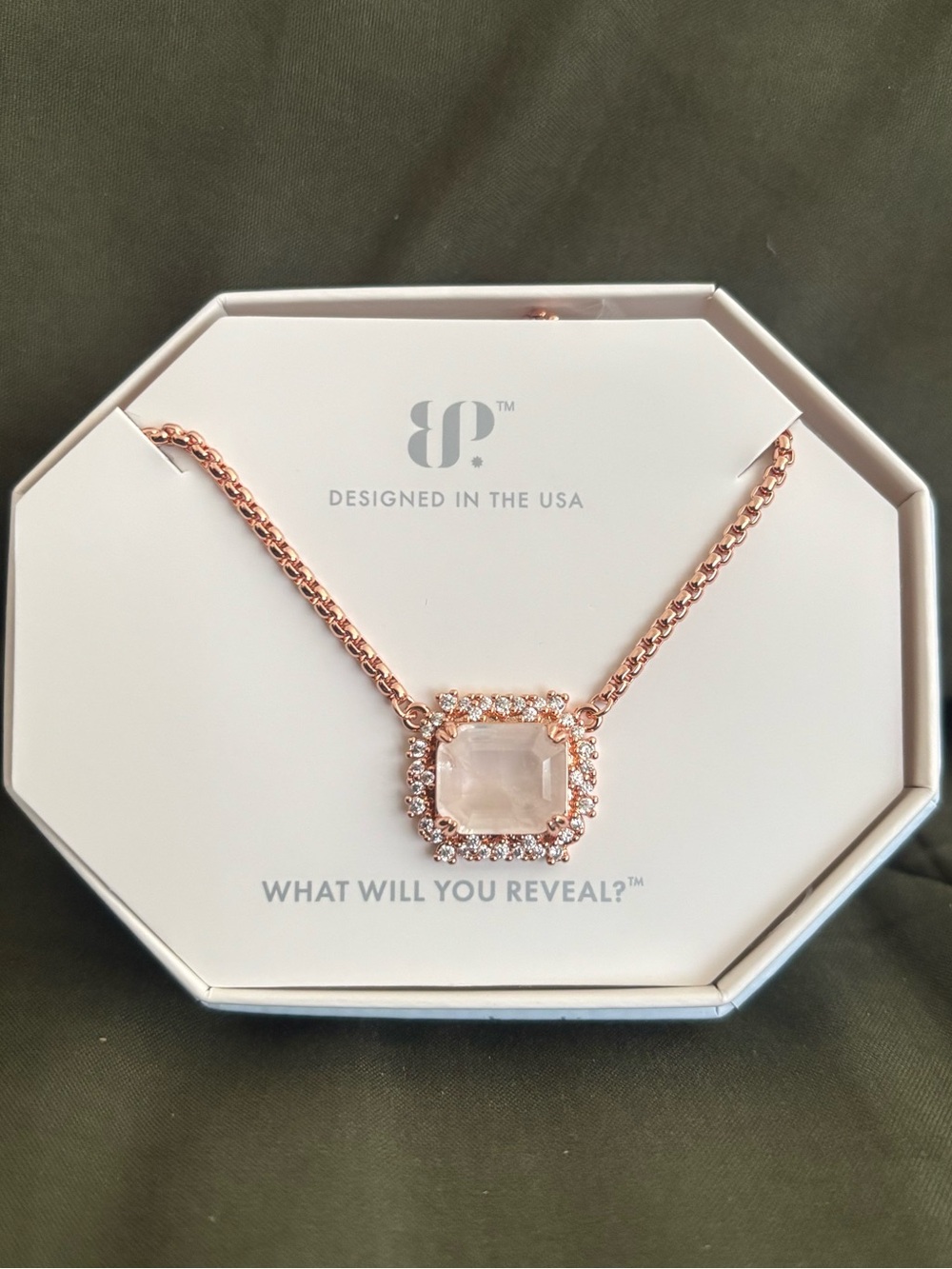 Bomb Party Rose Gold Necklace with Color Changing Stone and Halo Accent